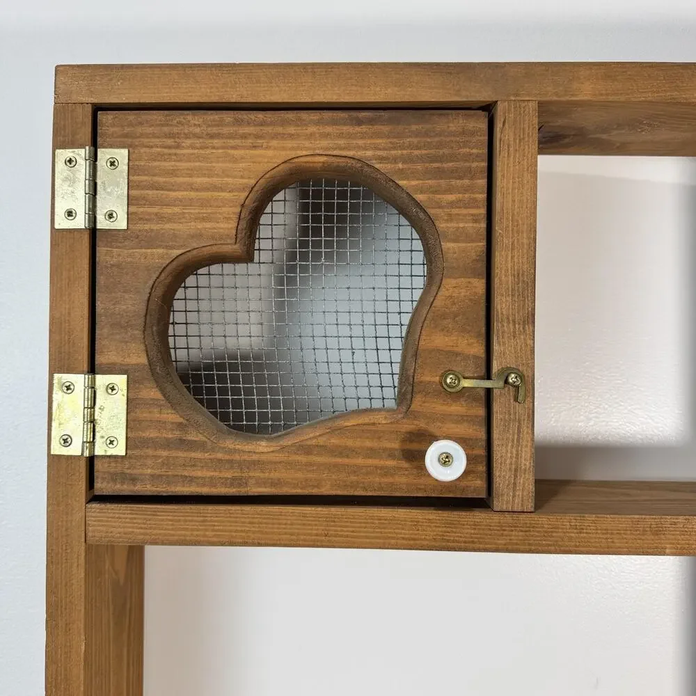 Rustic Wood Wall Shelf with Heart Door & Mesh Trinkets CottageCore
